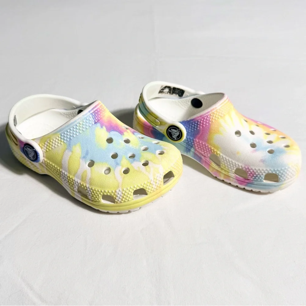 CROCS Kids Tie-Dye Clog in White with Yellow, Blue & Pink